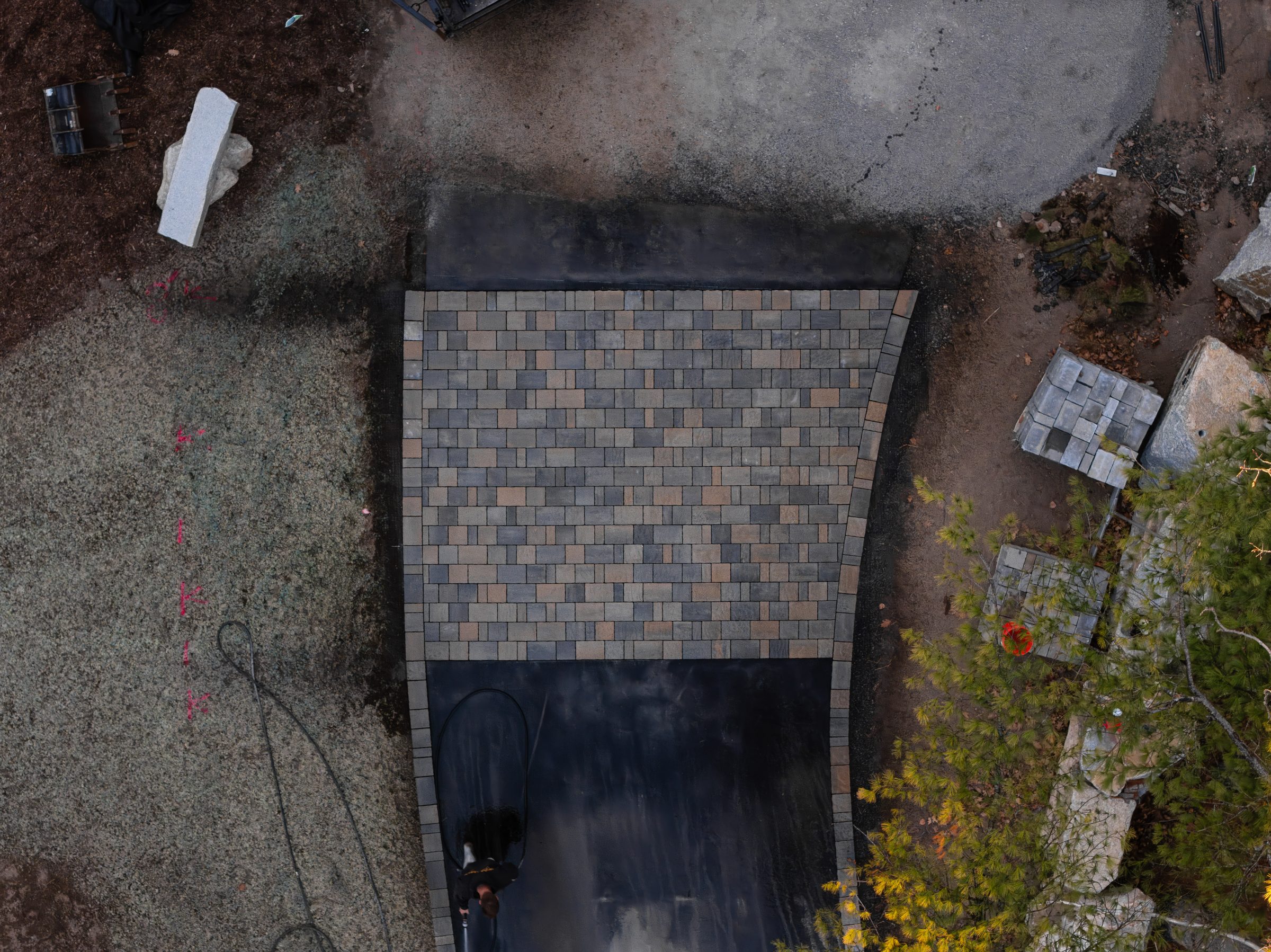 Aerial view of driveway paver installation