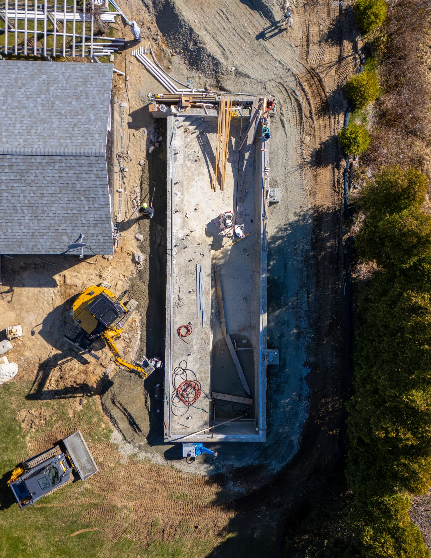 Aerial view of residential construction foundation site