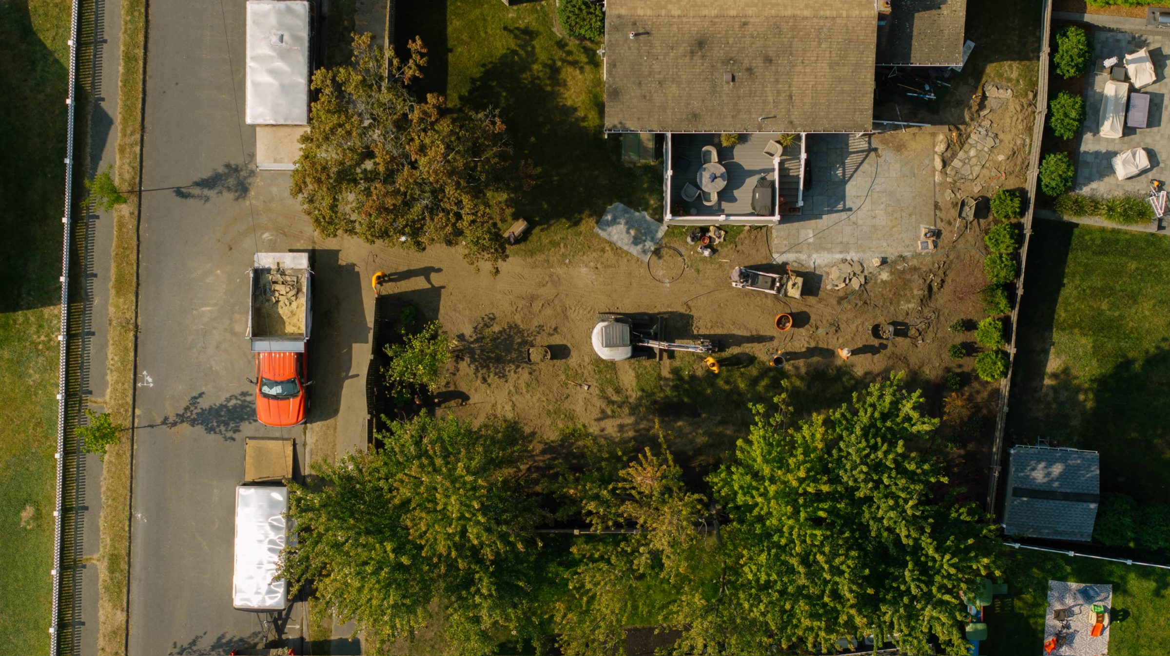 Aerial view of backyard landscaping construction project
