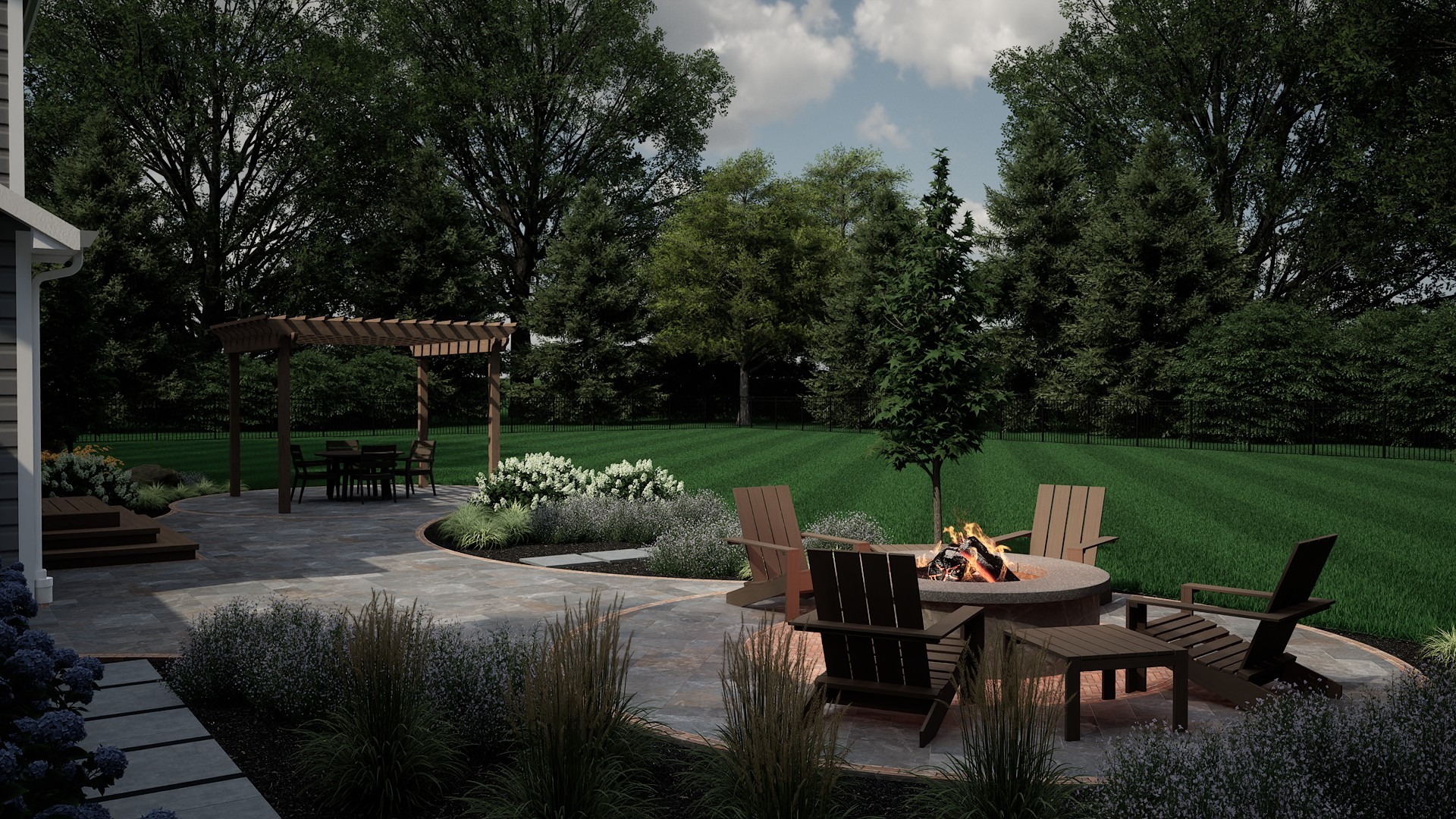 Landscaped backyard patio with pergola and fire pit