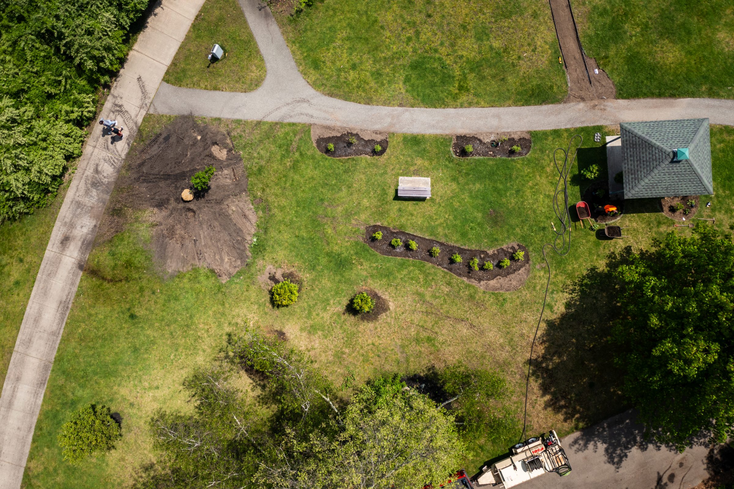 Aerial view of landscaped park with gazebo