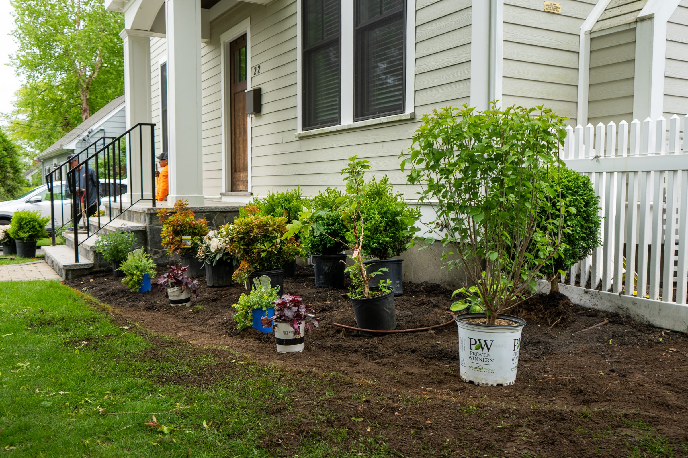 Front yard landscaping with potted shrubs and fresh soil