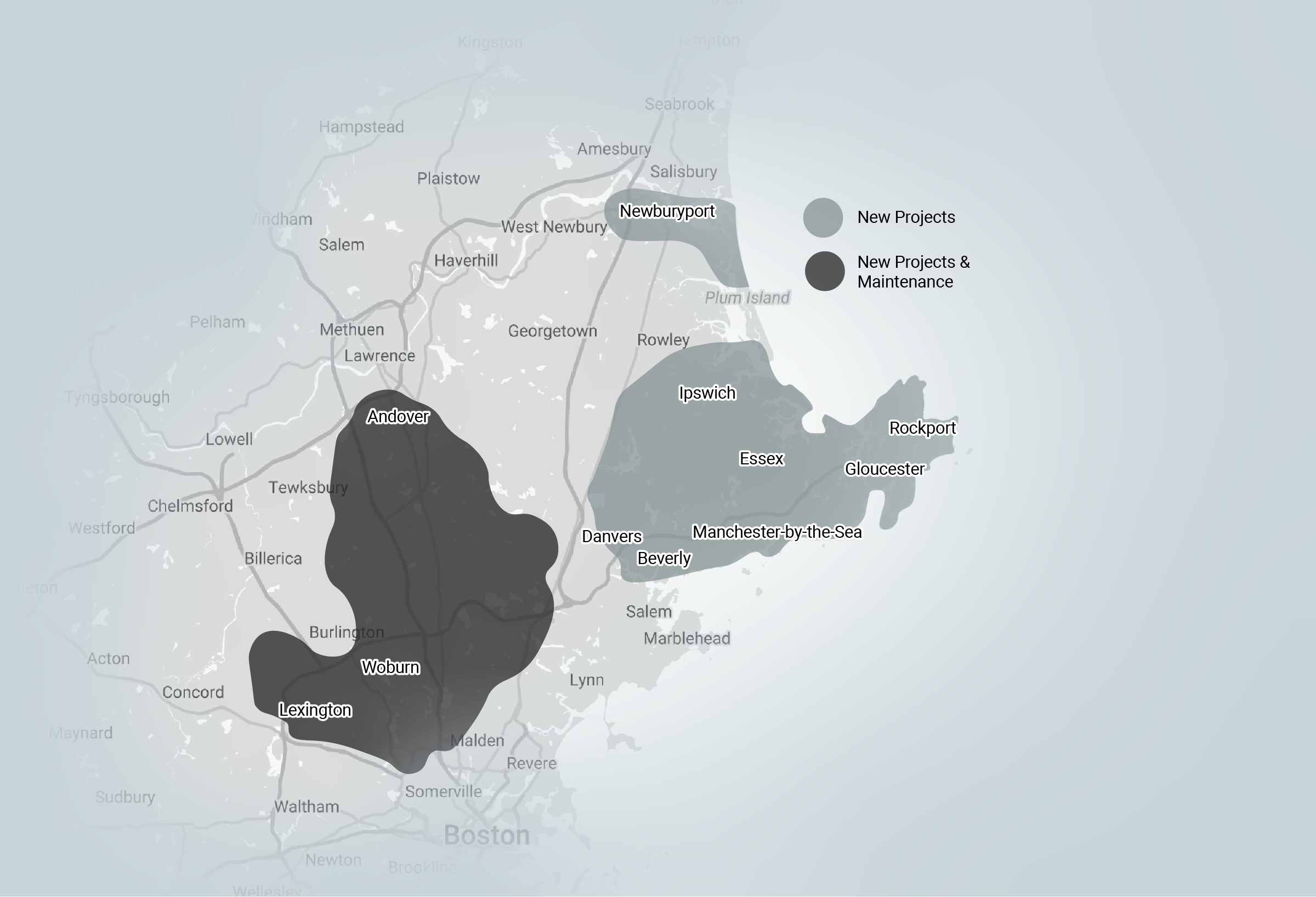 Map highlighting project areas in northeastern Massachusetts