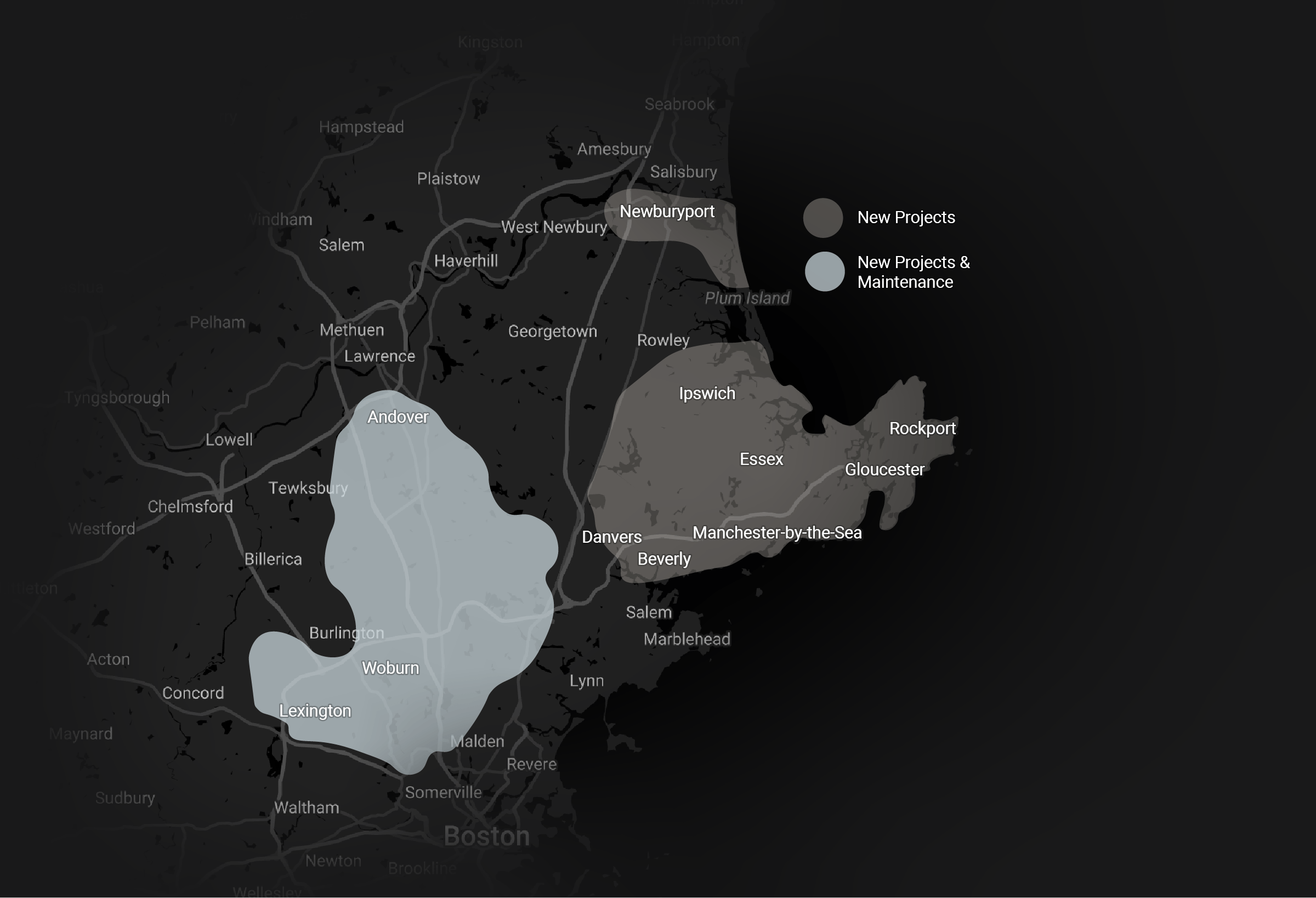 Map highlighting project areas in northeastern Massachusetts