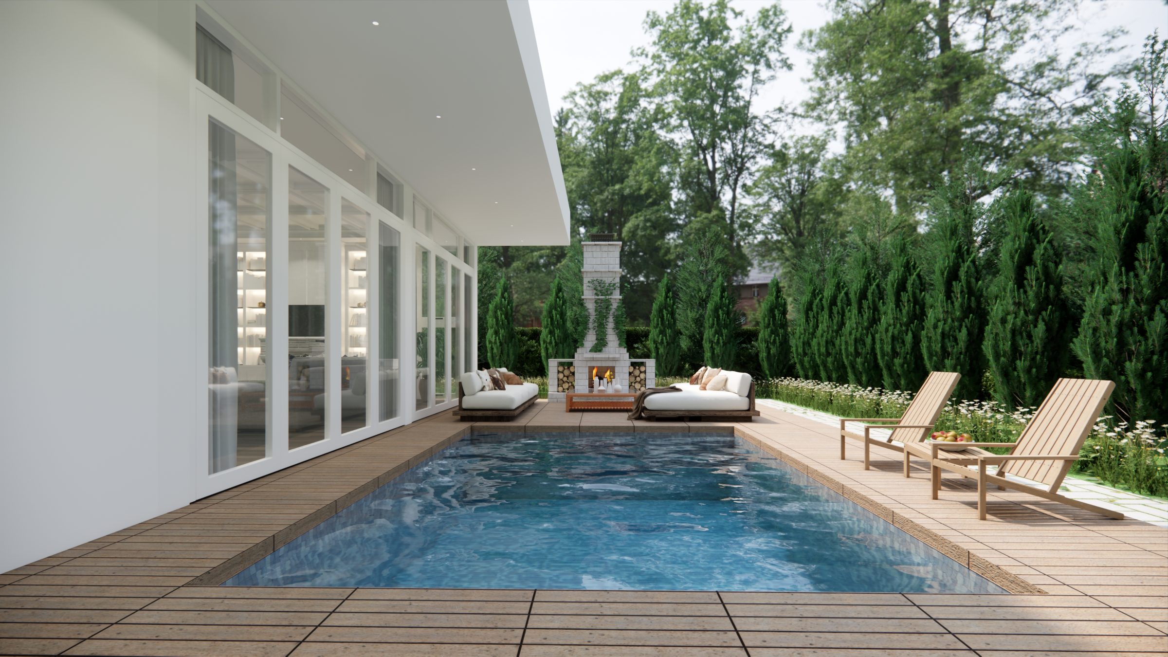 Modern backyard pool with patio and fireplace